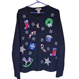 Bechamel Christmas Zip Cardigan Sweater Women's Size M Black Holiday Festive
